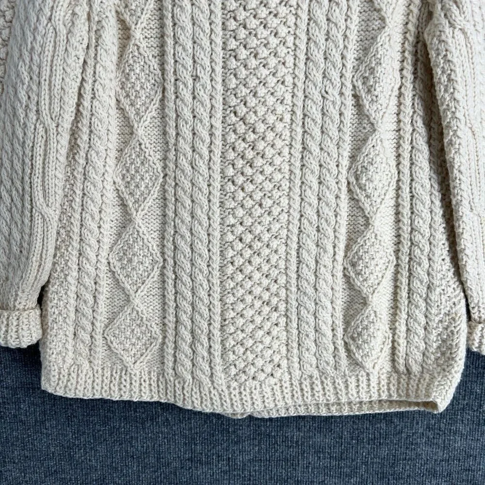 Vintage Wm McNelis & Sons Wool Fisherman Sweater Cardigan Womens M Cream Chunky
